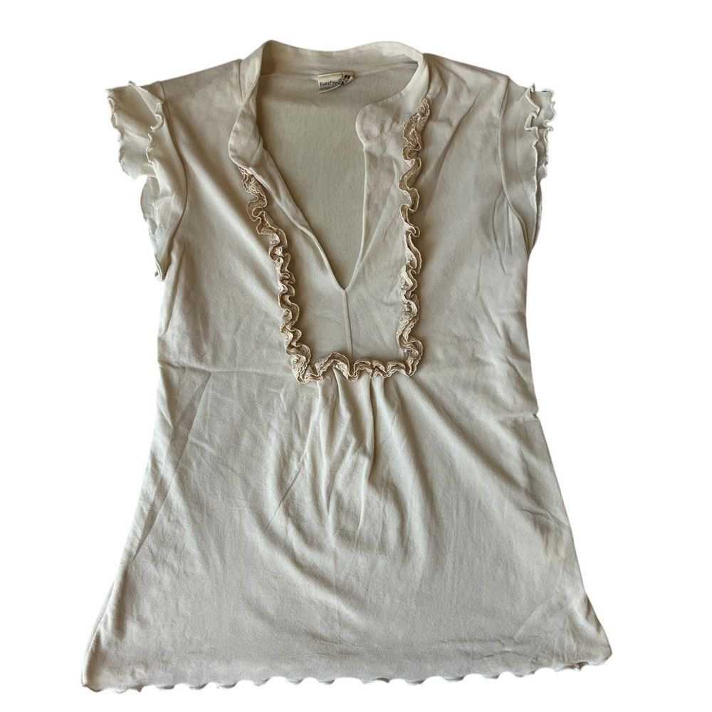Vintage Y2K Sweet Pea Mesh Sleeveless Top Cream Ruffle Front Detail Womens Large